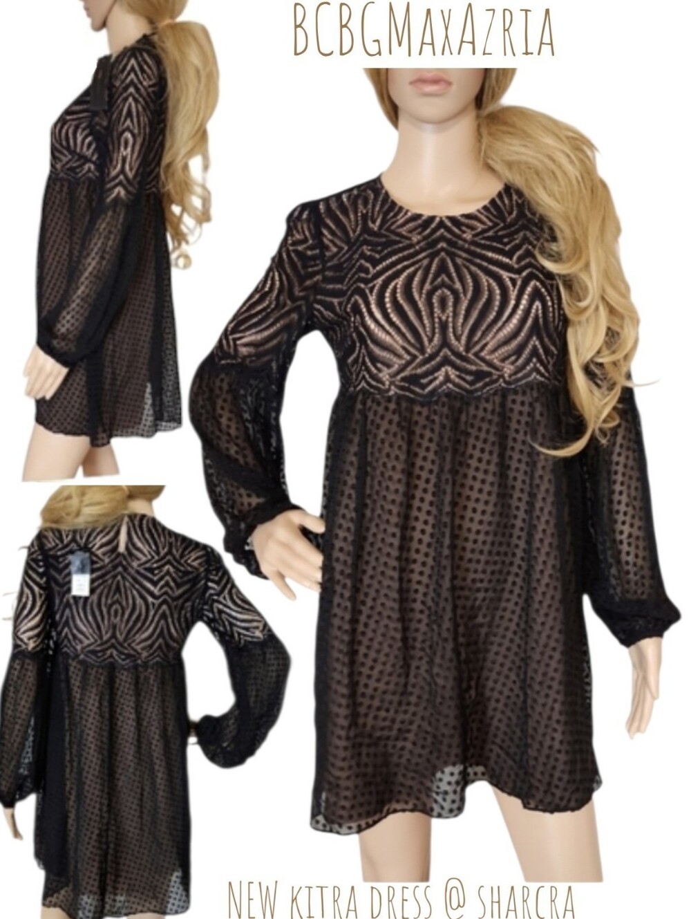 BCBGMaxAzria Women's kitra Black Lace babydoll dress long sleeves Nude Lining XS